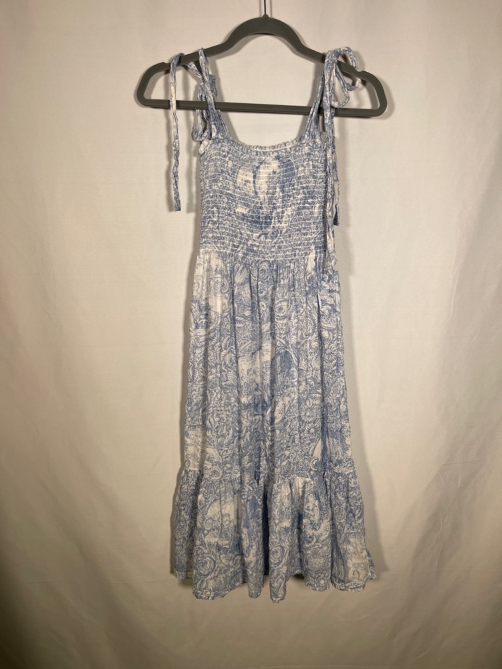 NOTHING FITS BUT MIDI DRESS BLUE WHITE SMOCKED BODICE SMALL COTTON MODAL